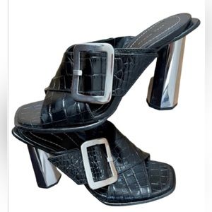 Zara Embossed Crossover Leather Metallic Chrome Mules Sandals High Heels NWT 8